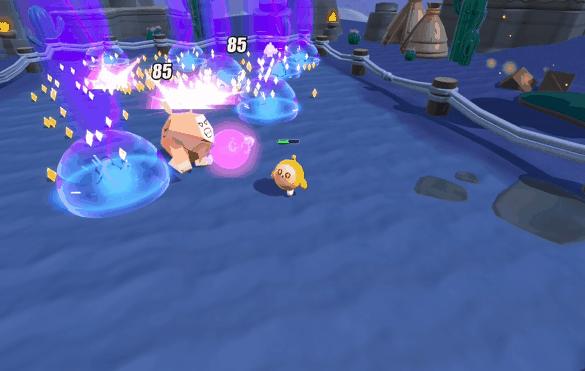 蛋仔手持激光枪，红色光束贯穿多个变异蛋，地面留下焦痕