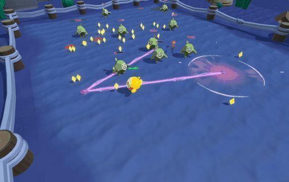 震荡手雷在怪物群中爆炸，释放蓝色冲击波，周围敌人被击飞