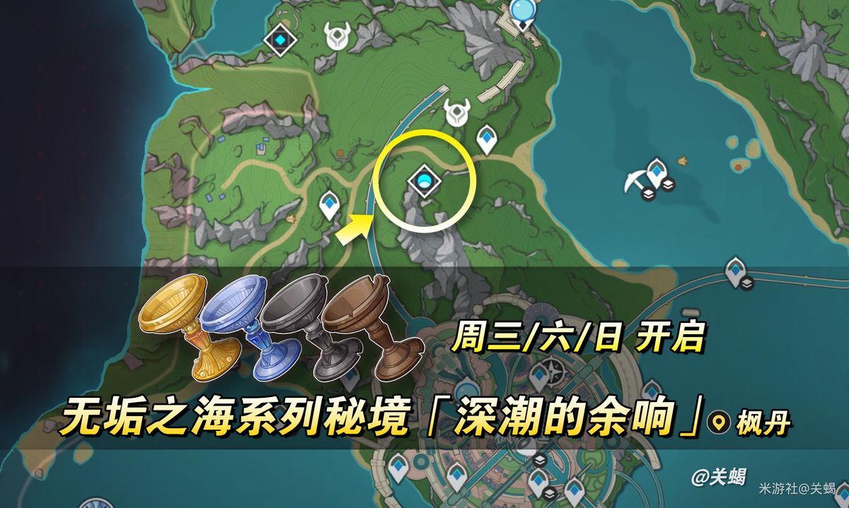 原神地图中标记的秘境位置，红点清晰标注在枫丹水域中央，周围波纹扩散象征能量波动