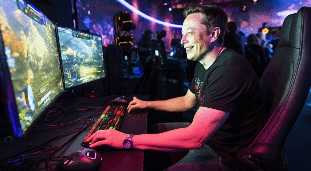 埃隆·马斯克在推特上发布关于成立AI游戏工作室的推文截图，背景为其标志性风格的科技感界面