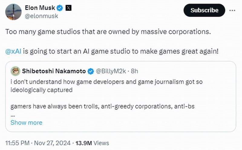 马斯克推文截图，批评游戏开发者沉迷说教而非专注玩法设计，下方评论区激烈争论