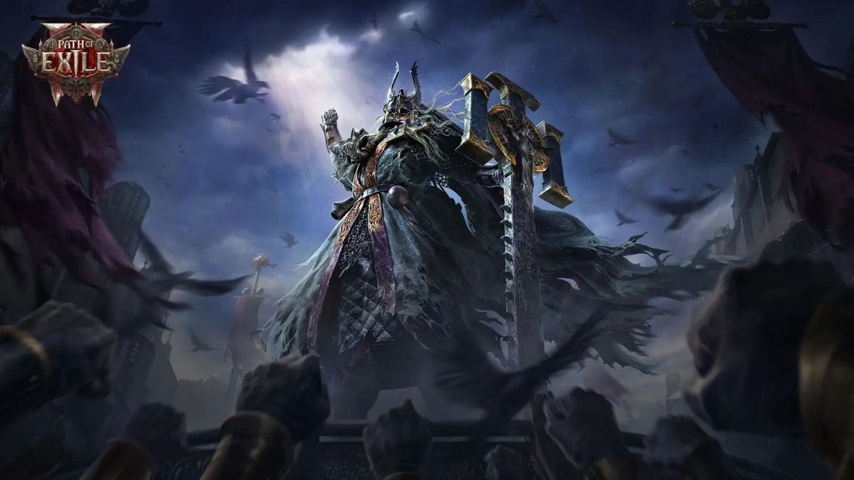 《流放之路2》中角色手持发光权杖释放闪电魔法，天空雷电交加，战场光影效果震撼