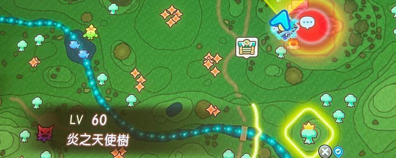 《幻想生活i》中火天使树在神秘之都地图左上方的实景展示，周围环境为森林与山地交界处