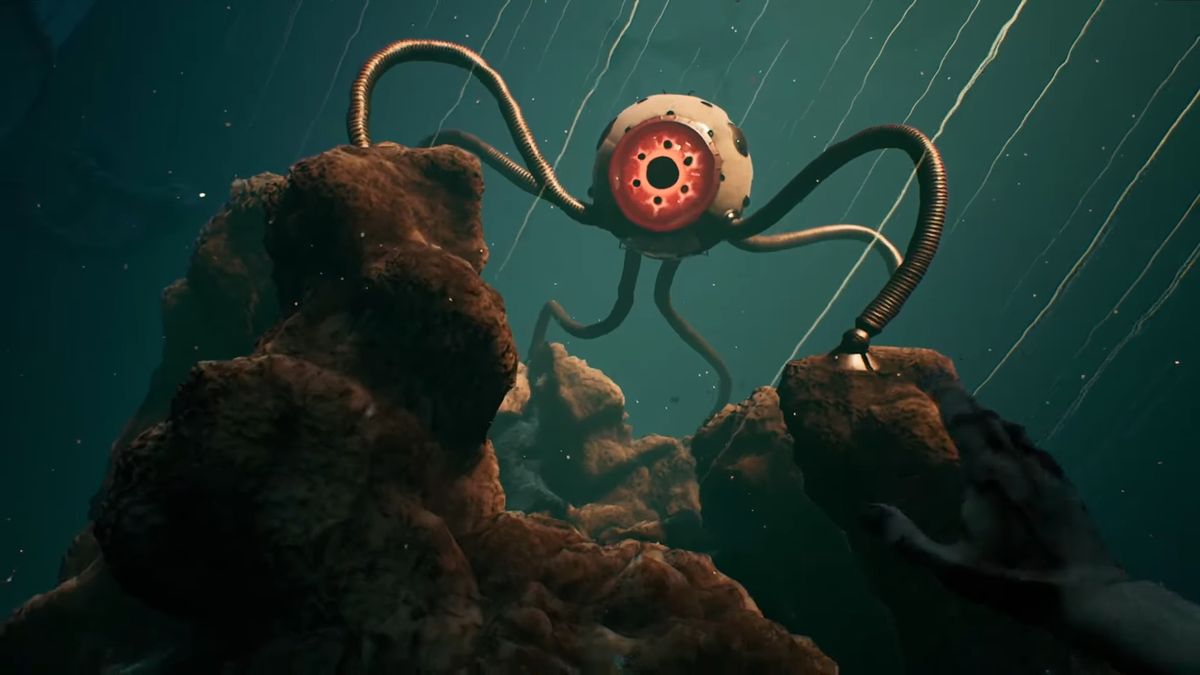 《原子之心》DLC预告画面，展示深海设施内部场景，蓝色光影映照金属走廊，远处有不明机械生物游动