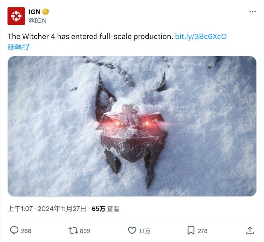 IGN关于《巫师4》进入全面制作阶段的推文截图，下方显示大量玩家评论表达对DEI元素的担忧