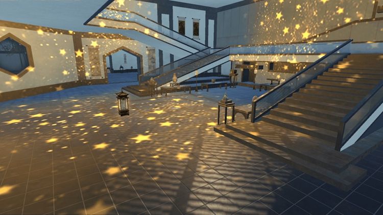 玩家角色站在点亮后的【天星璀璨】旁，周围星光闪烁，画面唯美浪漫