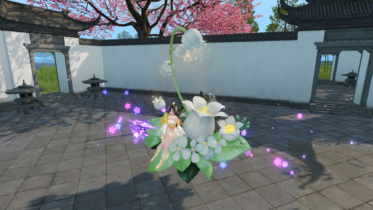 【荷间风铃】摆放在池塘边，荷花盛开，风铃随风轻摆