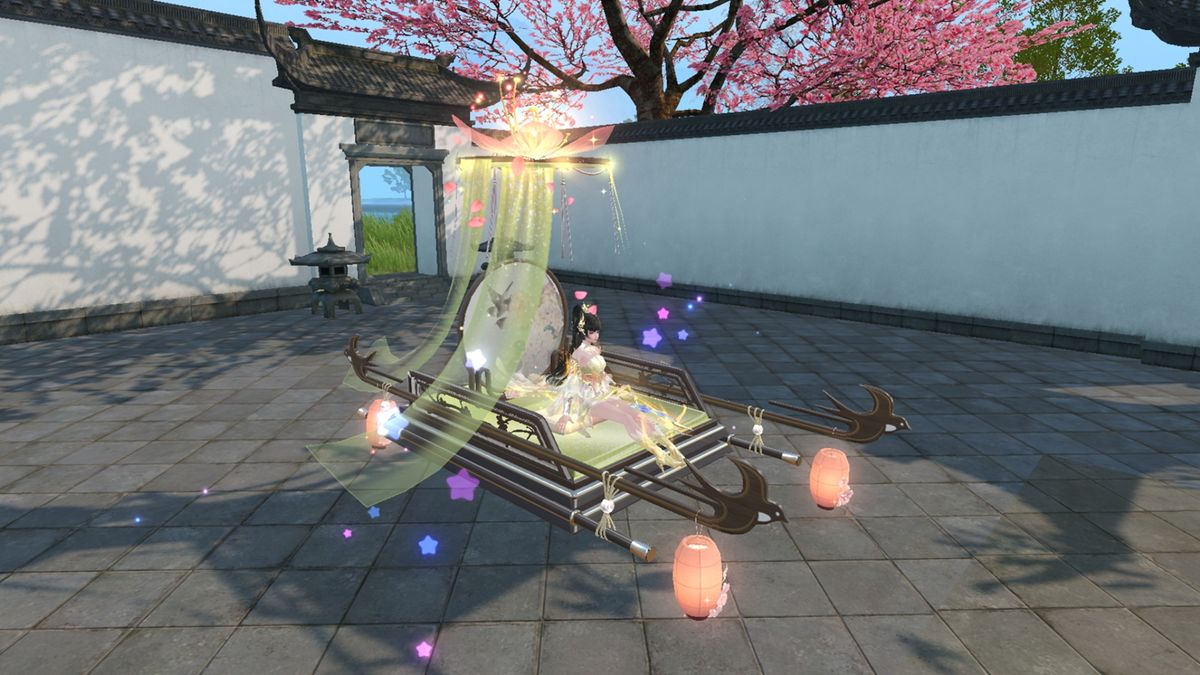 玩家角色躺在【清风醉梦】家具上，周围花瓣飘落，氛围宁静唯美