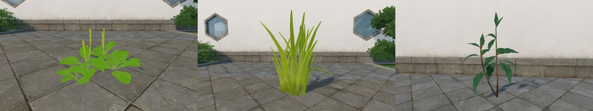 青苔山石组合成小型假山景观，周围绿植环绕