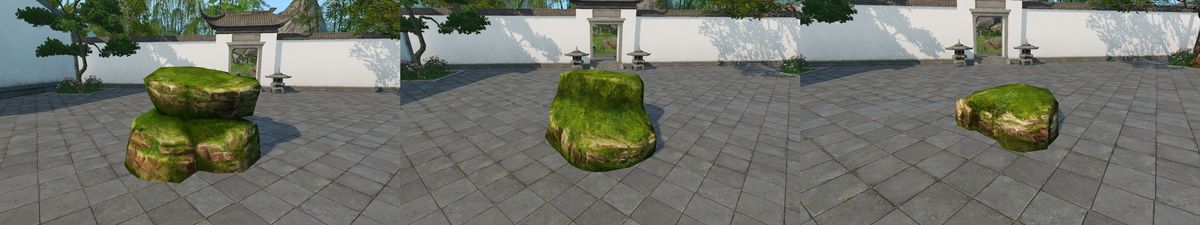 玩家视角俯瞰由新花草与山石构建的庭院布局