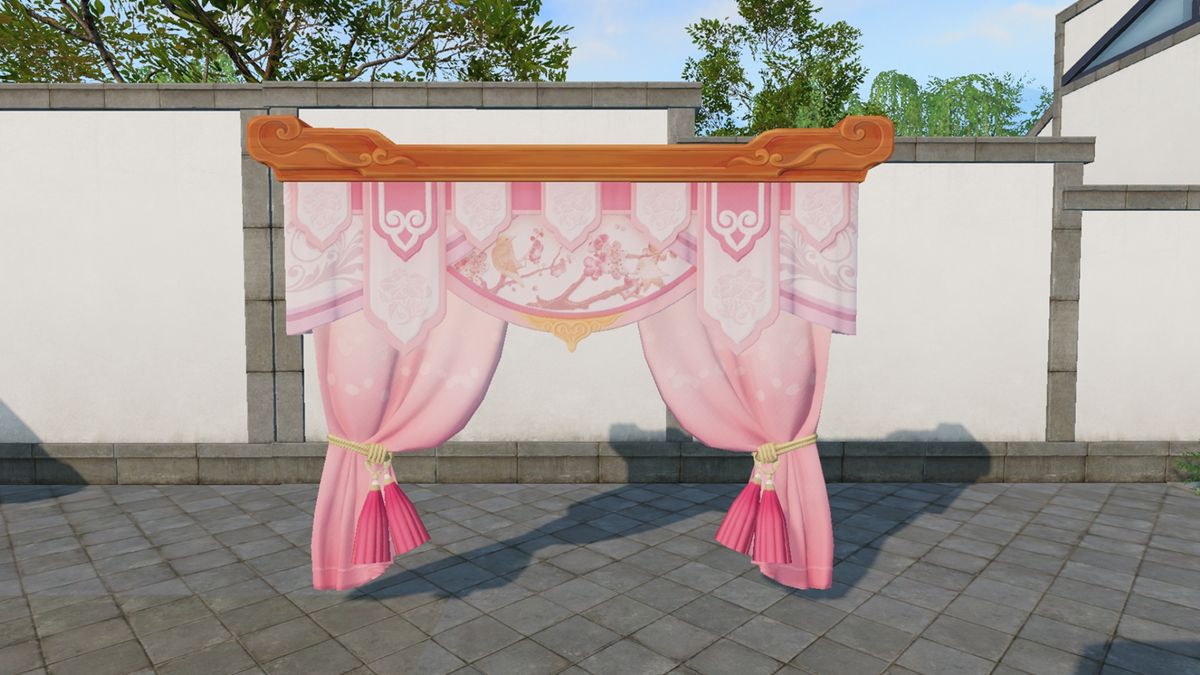 【丹花赤霞】布幔悬挂于屋檐下，粉色帷幔随风飘动