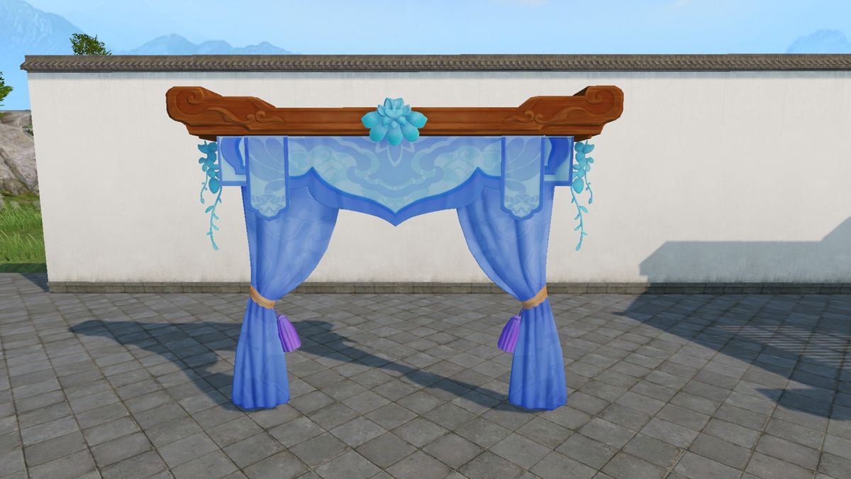 【鎏金烟波】布幔呈现淡蓝渐变效果，光影柔和