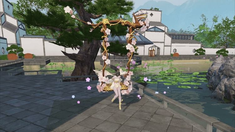 玩家角色坐在【莺歌轻舞】秋千上晃动，笑容灿烂，背景花团锦簇