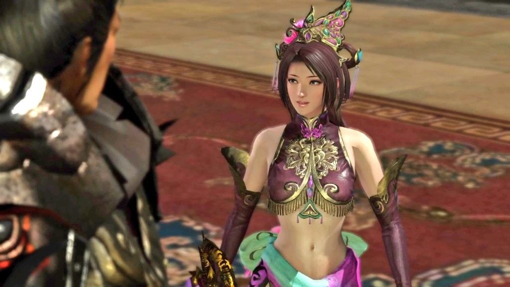 《真三国无双：起源》概念图中的貂蝉侧身像，身着深蓝长袍，袖口绣有暗纹