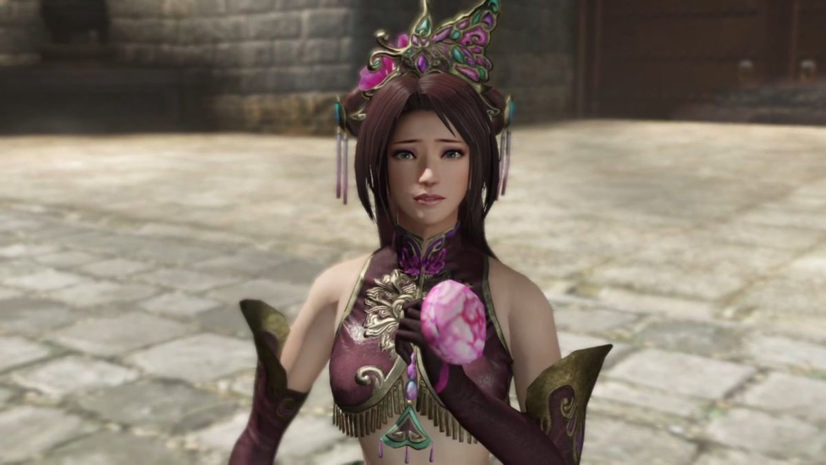 貂蝉在《起源》中的战斗姿态演示截图，动作优雅，技能特效以莲花形态呈现