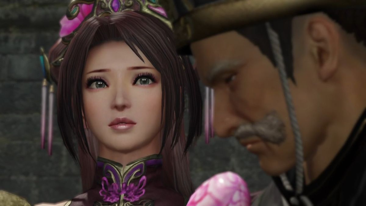 游戏内过场动画截图，貂蝉与主角对视，神情忧郁，氛围沉重