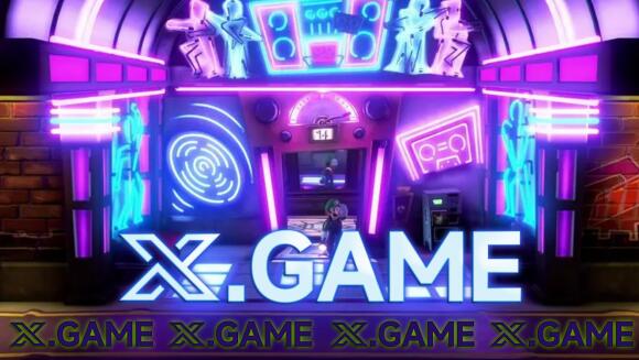 X.Game平台界面展示，背景为动态区块链网络图，界面显示比特币交易与游戏任务数据