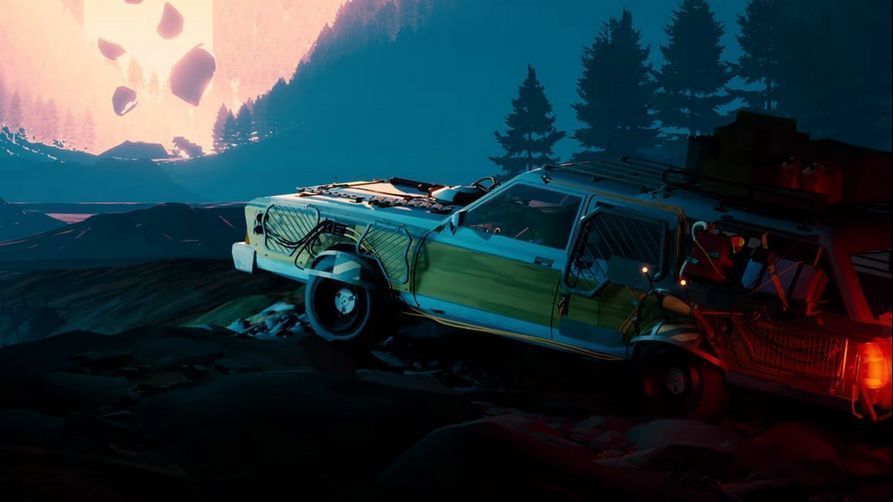 《太平洋车旅》游戏画面，展示玩家驾驶房车行驶在荒野公路，远处夕阳映照