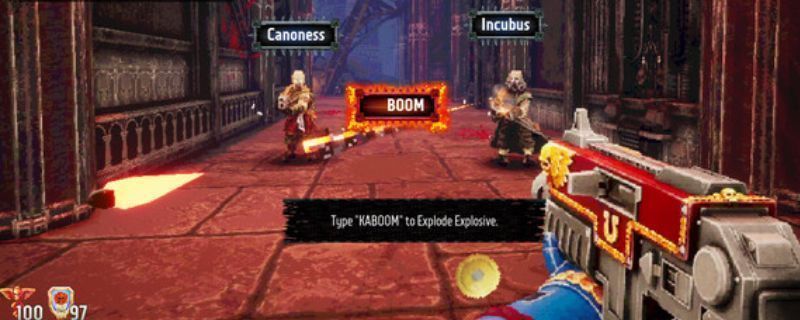 游戏主界面展示玩家使用键盘对抗混沌敌人的场景，屏幕中央浮现红色警告文字，背景为火星铸造世界的废土景象