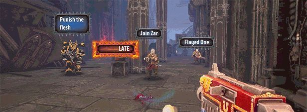 玩家角色Malum Caedo站在熔炉星球Graia的废墟中，手持爆矢枪的同时，空中浮现发光的英文单词，等待玩家输入