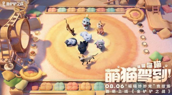 多只猫咪在竞技场中嬉戏的合成图，背景为夕阳下的猫窝，整体氛围温馨治愈