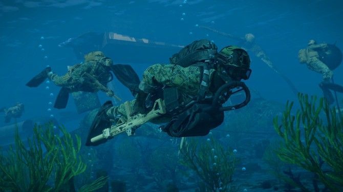 海军陆战队在夜间登陆，士兵持枪冲锋，身后是燃烧的登陆艇与爆炸火光，氛围紧张激烈