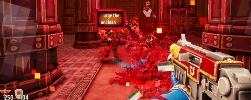 《战锤40K：爆矢枪 复仇之言》游戏主视觉图，展示主角手持爆矢枪在废墟中对战混沌军团的震撼场景