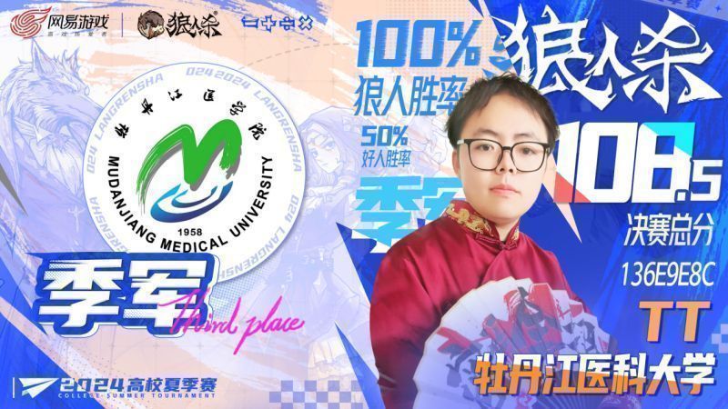季军TT在赛后采访中微笑发言，背景为高校夏季赛宣传海报墙