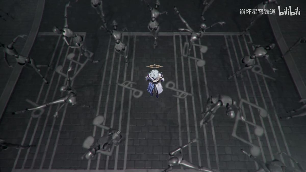 角色静静伫立于星空之下，身后是流动的光带与悬浮岛屿，氛围静谧而神秘