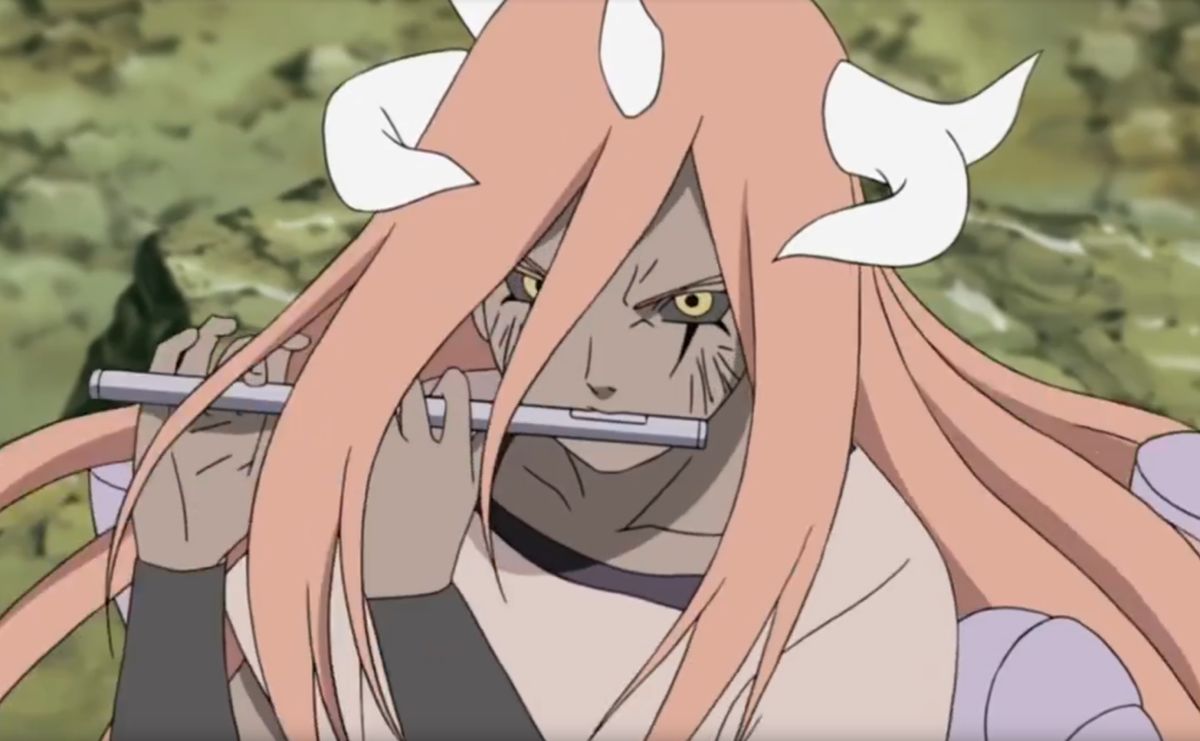 多由也手持魔笛站立于战场中央，身后三只形态各异的怒鬼蓄势待发，气氛紧张