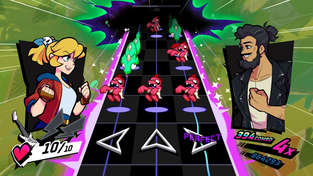 游戏实机画面截图，显示角色在网格地图上按节拍移动，周围环绕着节奏波纹和敌人，界面充满科技与音乐融合的视觉风格