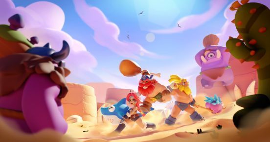 游戏多人对战场面，三支队伍在地图中央激烈交火，角色造型夸张，技能特效缤纷