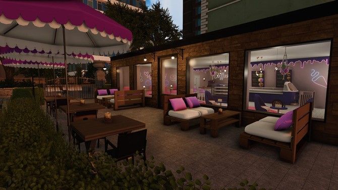 游戏中玩家正在布置咖啡馆内部，摆放桌椅与吧台，角色手持图纸进行调整，环境温馨舒适