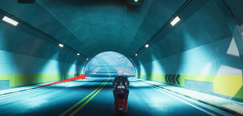 鹦鹉螺隧道入口夜景，蓝色霓虹灯与发光水母雕塑营造未来感海洋氛围