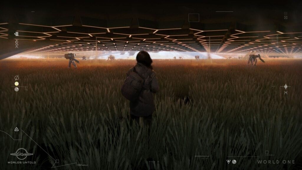 Worlds Untold团队工作场景概念图，多人围坐讨论游戏设计，氛围专注而热烈