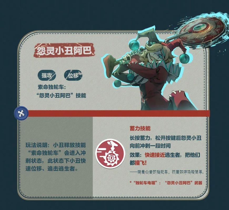 怨灵小丑阿巴角色立绘，身穿破旧小丑服，眼神空洞却带着诡异笑意，手持斯黛拉玩偶