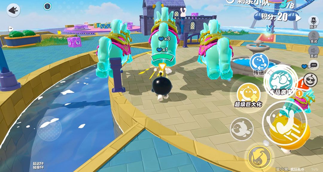 轰炸机道具释放画面，空中飞机投下多枚炸弹，地面爆炸火光四起