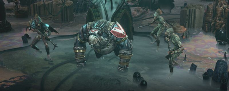 《战锤40K：黑暗异端》游戏主视觉图，展示身穿重甲的审判小队在废墟中前行，背景为燃烧的哥特式城市