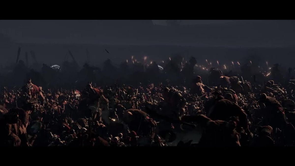 恐虐恶魔领主高举巨斧，站在尸山血海之上，背景是燃烧的天空与裂开的大地