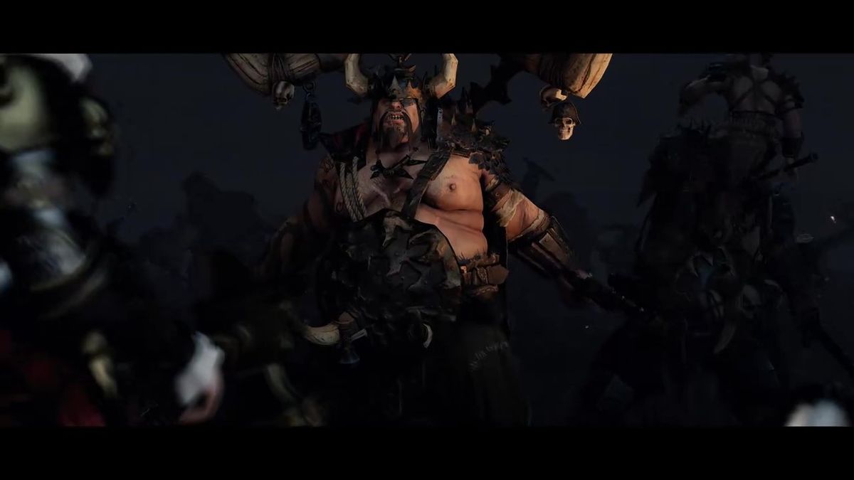 食人魔酋长挥舞巨棒，身边环绕着贪婪的食人魔部落，正在劫掠人类村庄