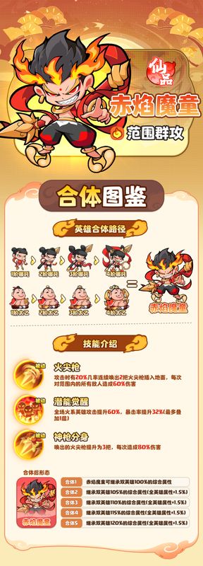 赤焰魔童释放火尖枪技能的战斗画面，三把火焰长枪从天而降，地面炸裂出巨大火环，敌人被击飞