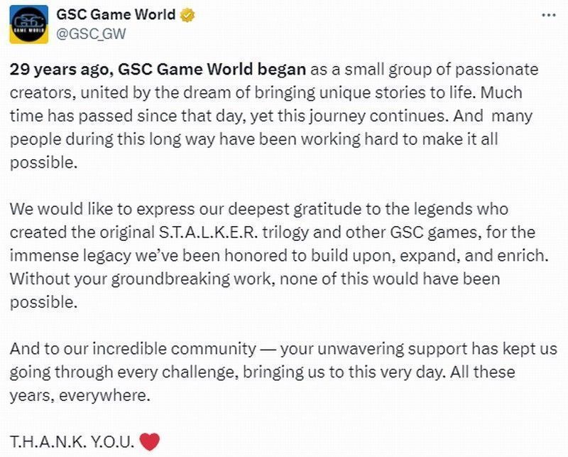 《潜行者2》官方推特发布的感谢信截图，背景为游戏内废土场景，文字表达对玩家和团队的感激之情