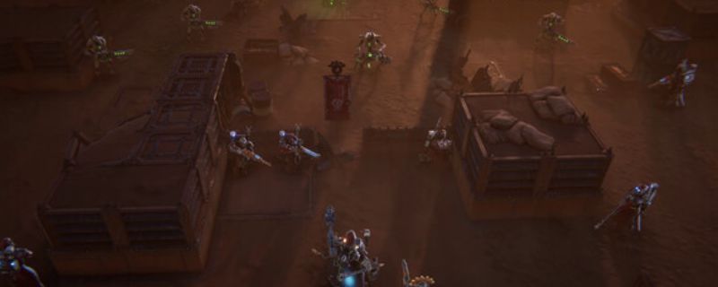 《战锤40K：机械神教2》游戏主视觉图，展现机械教士在废土星球上进行仪式的场景，背景为巨型机甲与红色天空