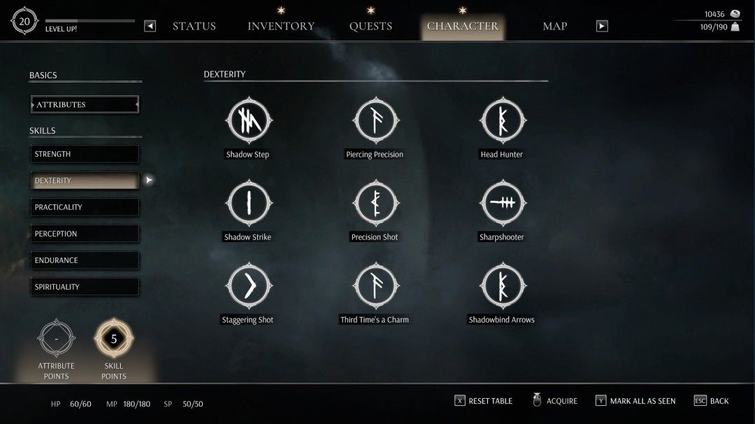 技能树界面展示敏捷系专家技能，包含踉跄射击、第三次是魅力与暗影缚箭的图标与说明