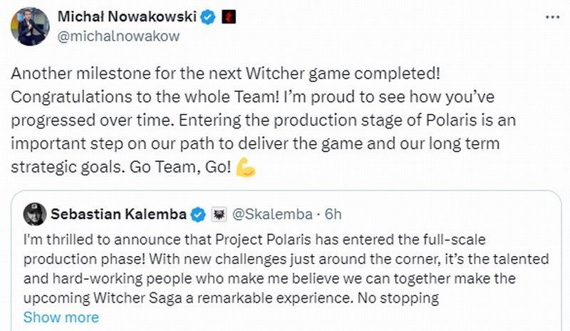 Sebastian Kalemba在推特发布的庆祝推文截图，背景为《巫师》系列标志性狼头徽章与火焰特效