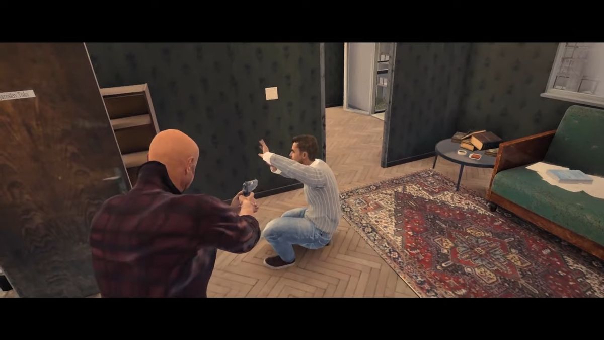 游戏中“Dr. Max”药房界面展示，货架上陈列多种功能饮料与维生素产品，UI设计充满90年代复古广告风格