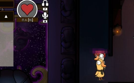 一名鹅与一名鸭角色在走廊角落悄悄对话，背景昏暗，气氛神秘