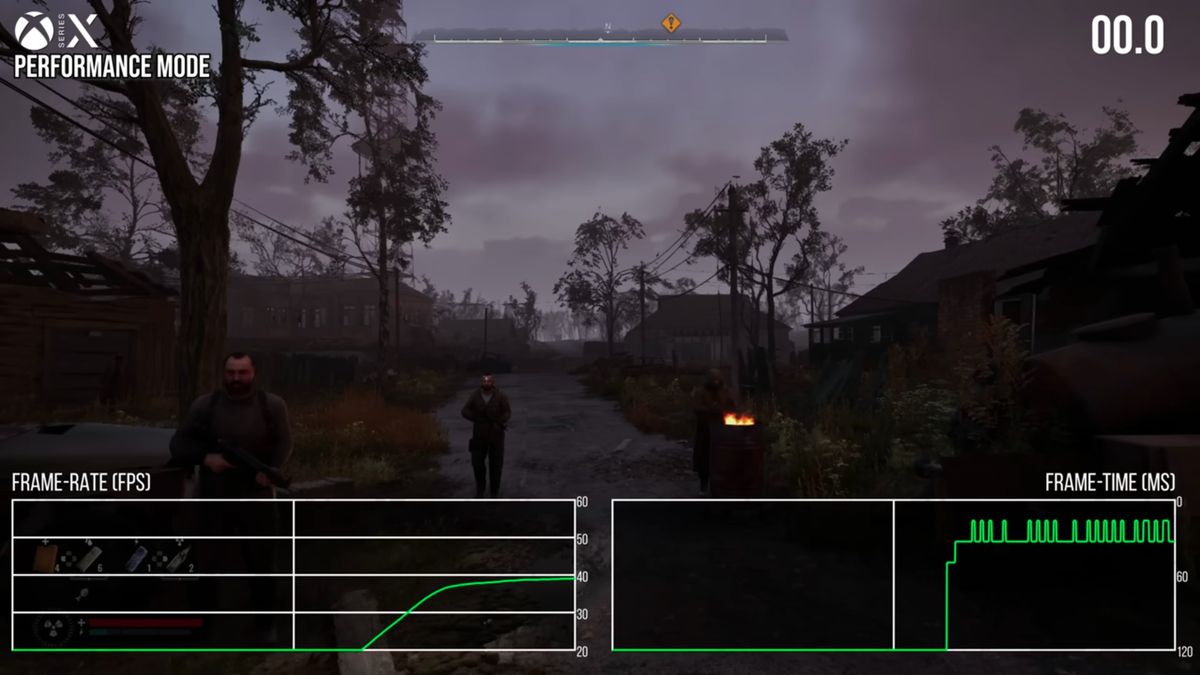 《潜行者2》游戏画面，展示废墟城市中的紧张对峙场景，角色手持武器在昏暗环境中警戒前行