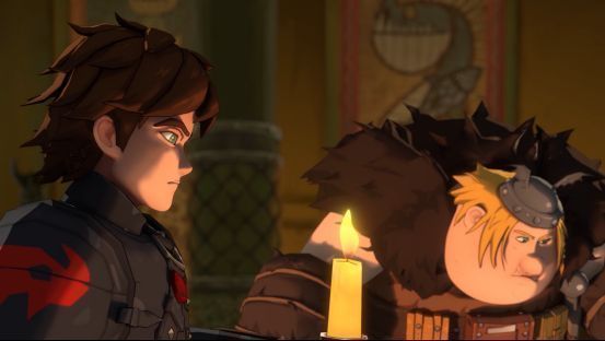 CG剧照：小嗝嗝骑着没牙仔冲破雷云，身后是其他龙骑手组成的飞行编队，天空电闪雷鸣，气氛紧张