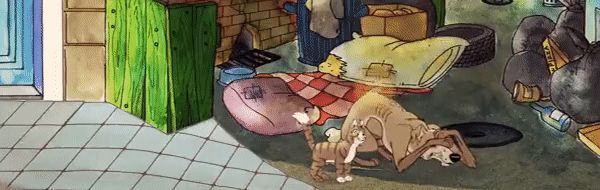 猫咪摩卡在黄昏下的城市废墟中跳跃，身后是渐变橙红的天空与残破建筑